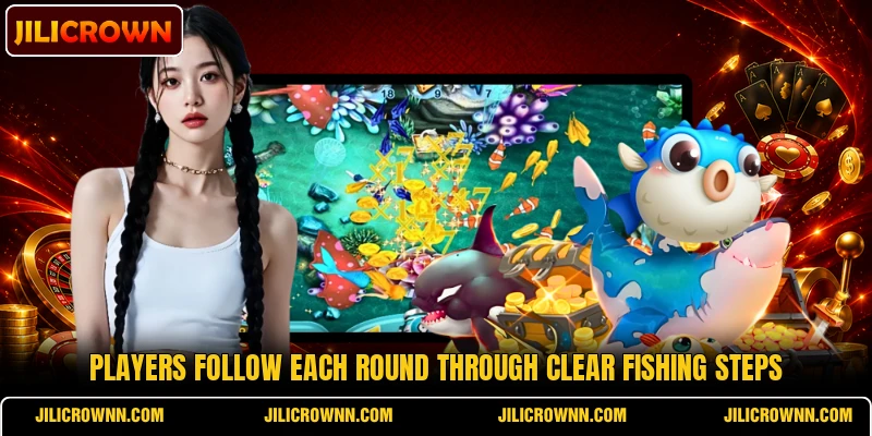 Players follow each round through clear fishing steps